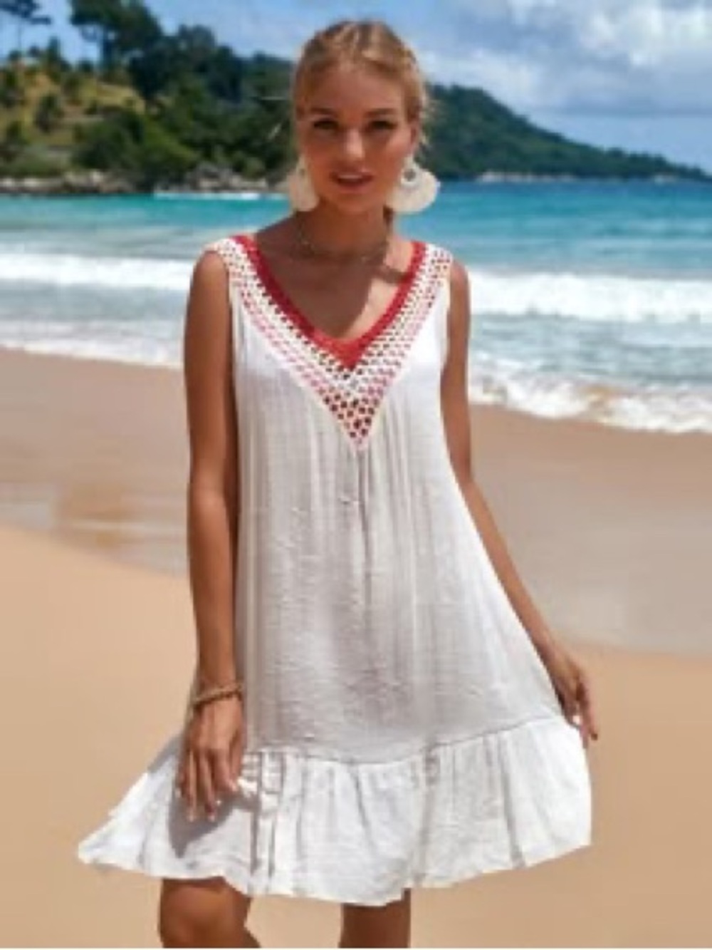 CUPSHE White Beach Cover-Up Mini Dress Burgundy Coral Crochet V-Neck Size XL